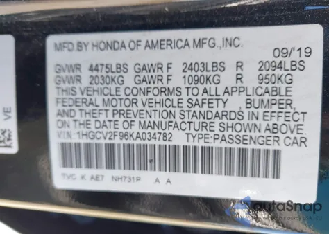 2019 Honda Accord Touring 2.0T z USA, uszkodzony, nr VIN 1HGCV2F96KA034782